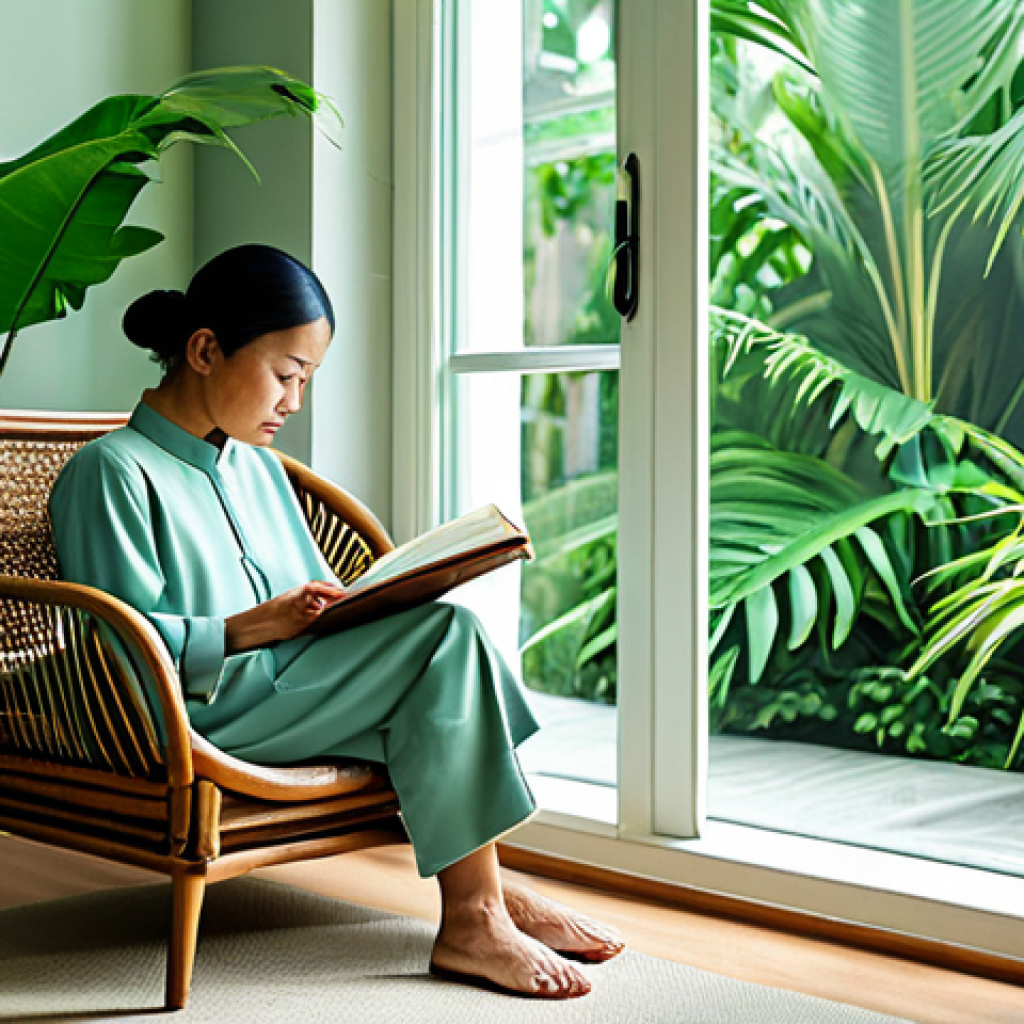 A serene adult individual in modest, comfortable attire, sitting peacefully in a tranquil reading nook within a modern Malaysian home. Abundant natural morning light streams through a large window, illuminating lush green indoor plants. The space features a cozy armchair made of woven rotan and a small wooden side table, with walls painted in a soft, calming green-blue hue. Perfect anatomy, correct proportions, natural pose, well-formed hands, proper finger count, natural body proportions. Professional photography, high quality, realistic, safe for work, appropriate content, fully clothed, family-friendly.