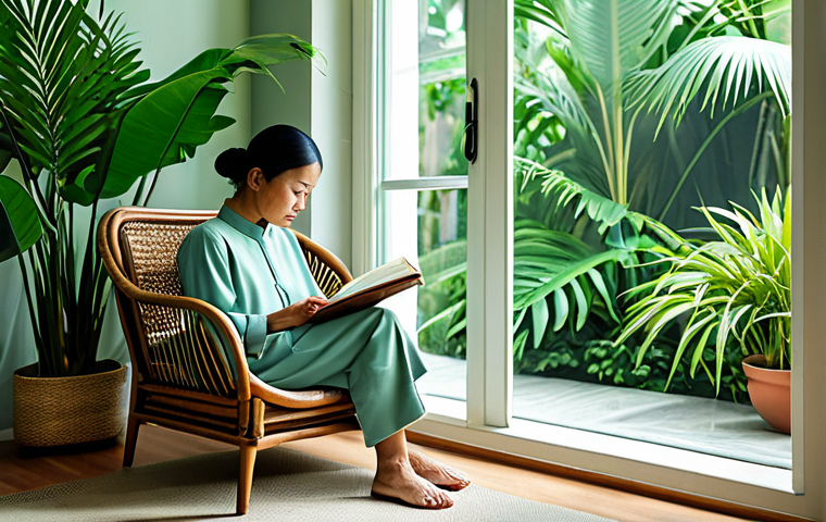 A serene adult individual in modest, comfortable attire, sitting peacefully in a tranquil reading nook within a modern Malaysian home. Abundant natural morning light streams through a large window, illuminating lush green indoor plants. The space features a cozy armchair made of woven rotan and a small wooden side table, with walls painted in a soft, calming green-blue hue. Perfect anatomy, correct proportions, natural pose, well-formed hands, proper finger count, natural body proportions. Professional photography, high quality, realistic, safe for work, appropriate content, fully clothed, family-friendly.
