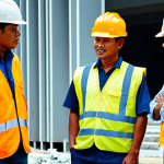**

"A diverse group of construction workers, fully clothed in appropriate safety gear (hard hats, vests), working on a modern building project in Kuala Lumpur, Malaysia. The background includes local shops and businesses benefiting from the construction activity. Safe for work, appropriate content, perfect anatomy, correct proportions, natural pose, professional, high quality photography, well-formed hands, proper finger count, natural body proportions, modest clothing."

**