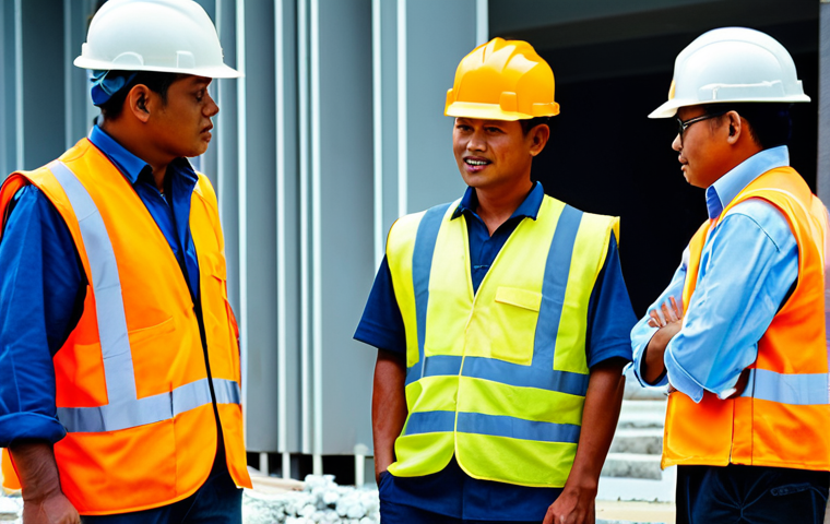 **

"A diverse group of construction workers, fully clothed in appropriate safety gear (hard hats, vests), working on a modern building project in Kuala Lumpur, Malaysia. The background includes local shops and businesses benefiting from the construction activity. Safe for work, appropriate content, perfect anatomy, correct proportions, natural pose, professional, high quality photography, well-formed hands, proper finger count, natural body proportions, modest clothing."

**