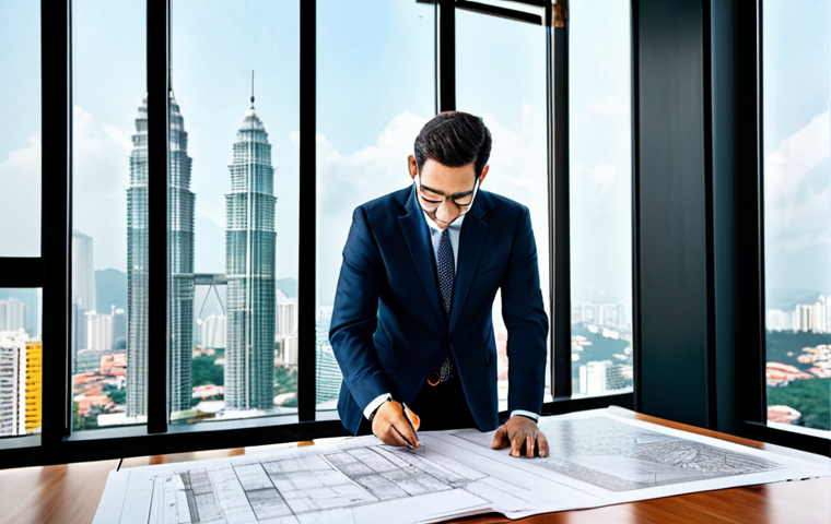 **

"A successful architect, fully clothed in a professional blazer and modest trousers, reviewing blueprints in a brightly lit, modern architectural office. Large windows overlook Kuala Lumpur's skyline. Safe for work, appropriate content, perfect anatomy, correct proportions, natural pose, well-formed hands, proper finger count, professional, family-friendly, high quality."

**