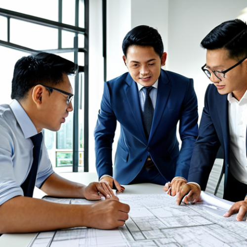 Modern Office Meeting**

"A team of architects, fully clothed in professional attire, collaborating on blueprints in a bright, modern Kuala Lumpur office. Natural pose, perfect anatomy, correct proportions, well-formed hands. Family-friendly, safe for work, appropriate content, high quality rendering."

**