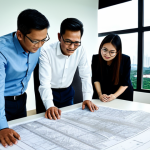 **

A professional Malaysian architect in a modern office, reviewing blueprints with colleagues, fully clothed in appropriate office attire, safe for work, perfect anatomy, natural pose, well-lit, professional photography, high quality, modest attire. Background includes models of sustainable housing designs and Kuala Lumpur skyline visible through a window. Focus on collaboration and innovation in the Malaysian architectural industry.

**