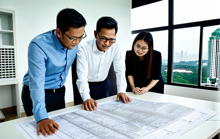 **

A professional Malaysian architect in a modern office, reviewing blueprints with colleagues, fully clothed in appropriate office attire, safe for work, perfect anatomy, natural pose, well-lit, professional photography, high quality, modest attire. Background includes models of sustainable housing designs and Kuala Lumpur skyline visible through a window. Focus on collaboration and innovation in the Malaysian architectural industry.

**