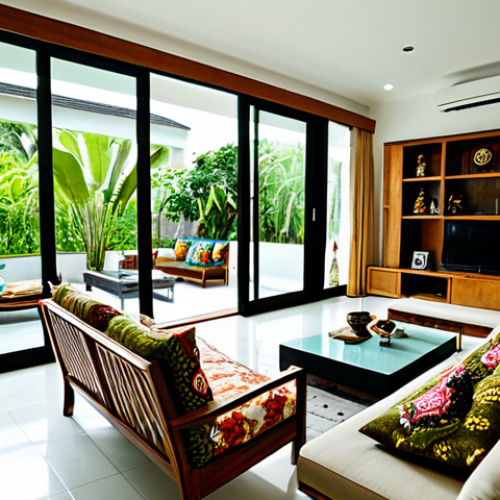 Modern Malaysian Home with Natural Elements**

A bright and airy living room in a modern Malaysian home, featuring natural wood furniture and a vertical garden on one wall. Large sliding glass doors open onto a lush green garden. The room is decorated with batik cushions and local crafts. Fully clothed family members are relaxing and enjoying the space. Safe for work, appropriate content, professional photography, modest decor, perfect anatomy, natural proportions, high quality.

**